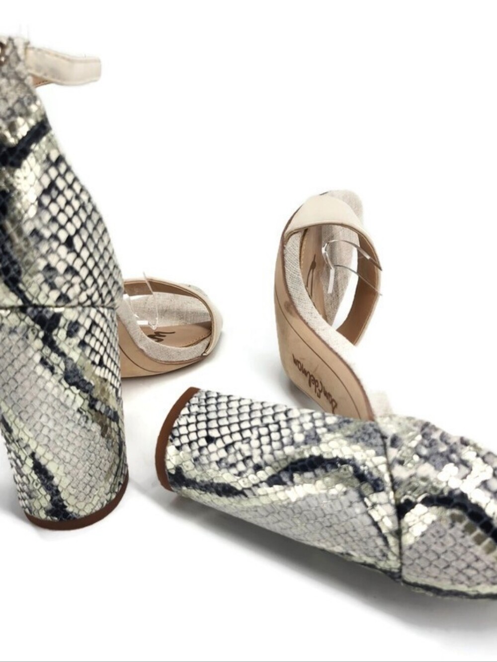 Sam Edelman Yaro Linen Black Grey Gold Shimmer Leather Snake High Heel Sandals - Picture 11 of 14